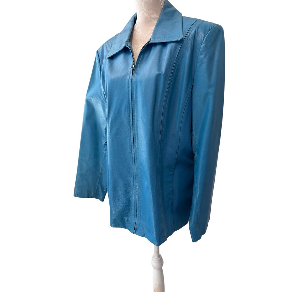 Worthington Womens Teal Blue Genuine Leather Blazer Jacket Nappa XL RN 93677